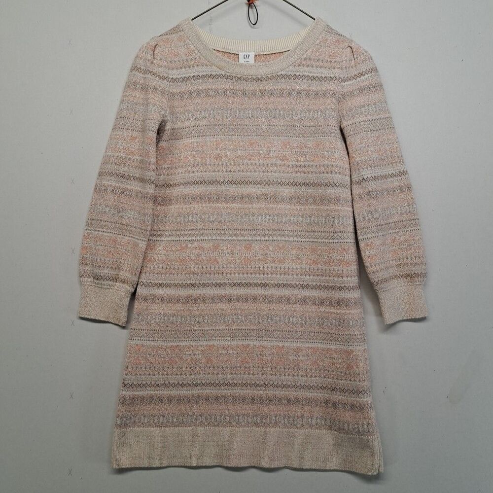 Baby Gap 5 Years Sweater Dress Pink Gray Fair Isle Sparkle Knit Puff Sleeve